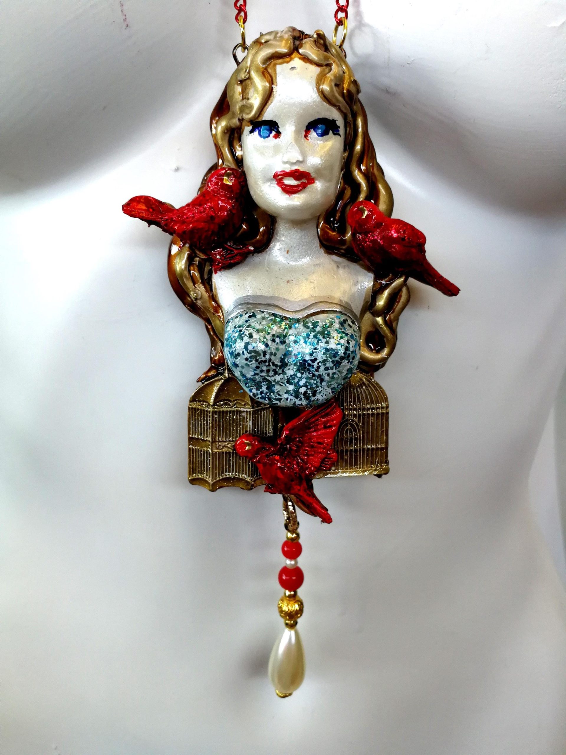 Belle Epoque Jewelry, Art Deco Doll Head Sculpture Pendant, Red Bird Cage Golden Liberty