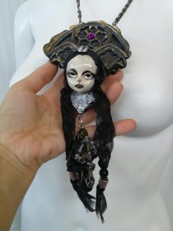 Gothic Necklace, Doll Head Sculpture Pendant, Wednesday Addams Goth Jewel Charm, Fairy Tale Jewelry