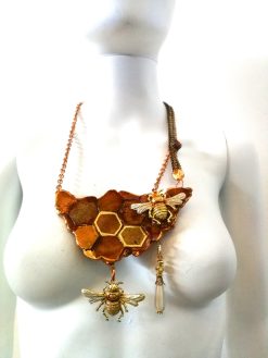 Statement Jewelry, Queen Bee Necklace Luxury Gold Bumble Honey Insect Pendant Sculptural Gemstone Charm