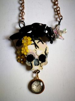 Victorian Gothic Jewelry, Baroque Statement Pendant Memento Mori, Skull Crowned Crow Black Raven Necklace