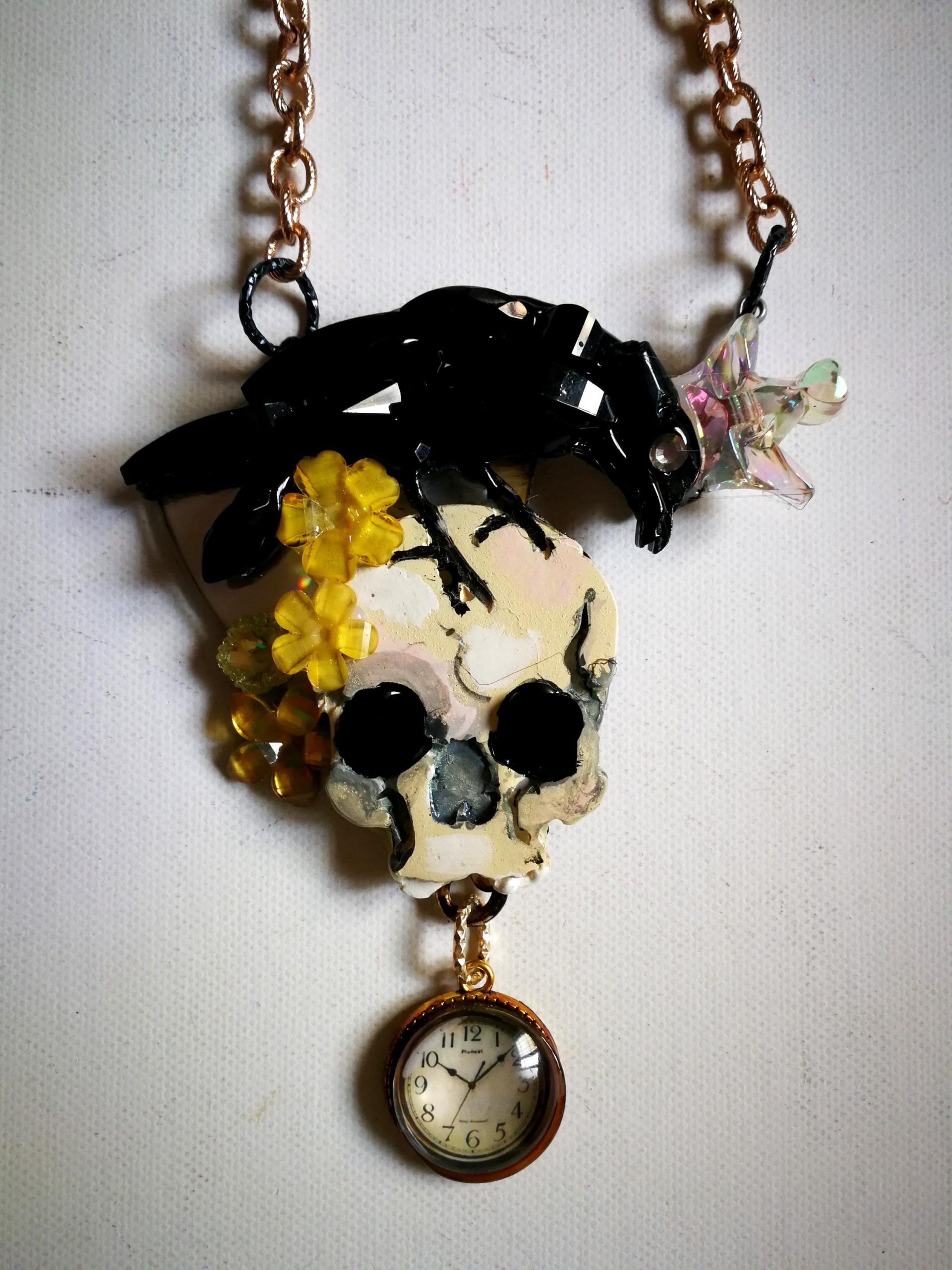 Victorian Gothic Jewelry, Baroque Statement Pendant Memento Mori, Skull Crowned Crow Black Raven Necklace