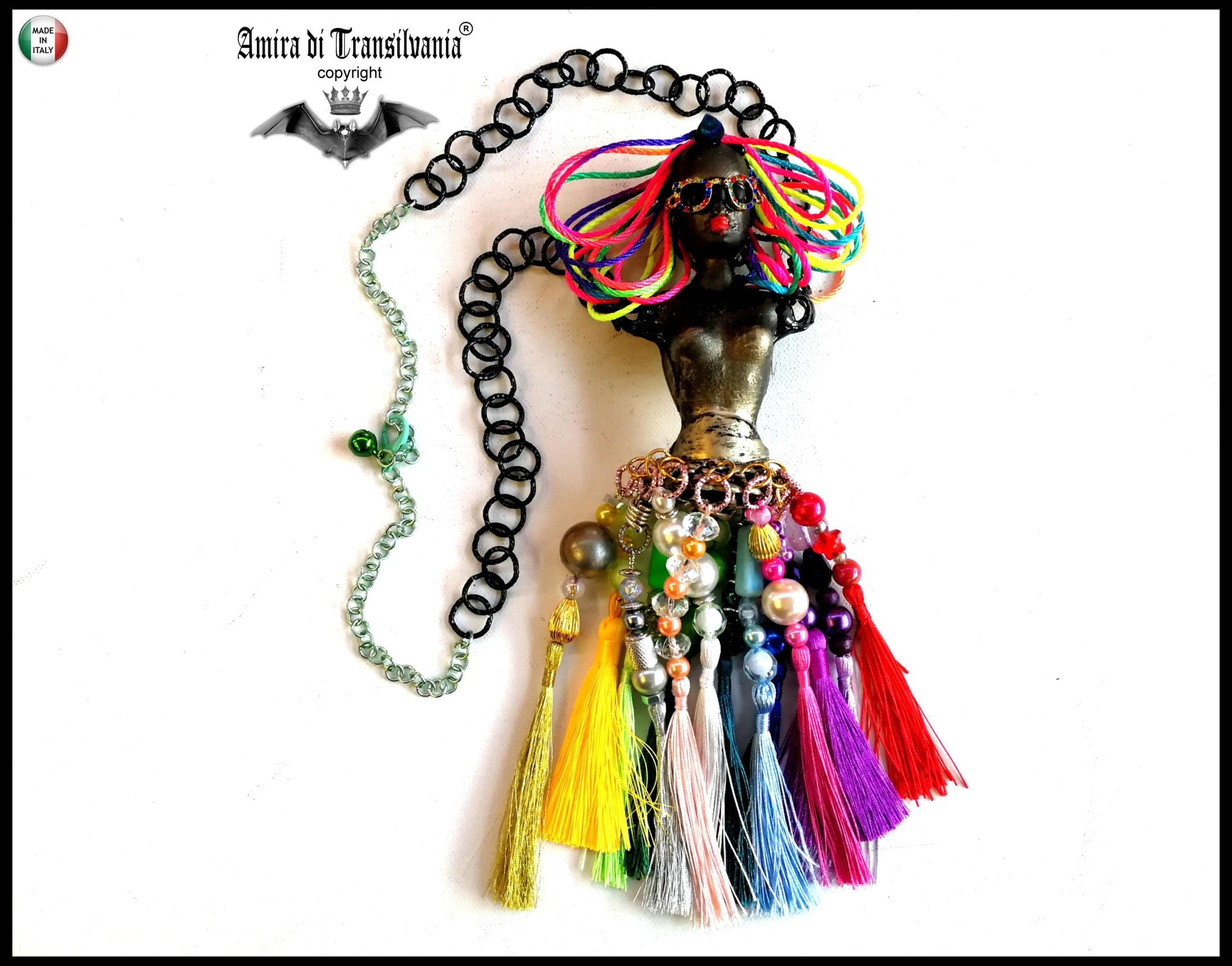 African American Doll Statement Necklace, Chunky Bold Sculpture Jewelry, Tassel Pendant Chain & Beaded Charm