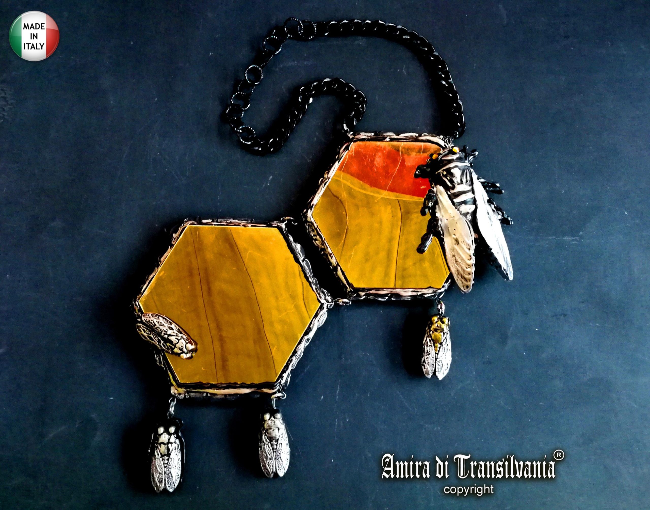 Queen Bee Necklace, Gold Bumble Honey Nest Pendant, Insect Charm Hexagon Beaded Vermeil Mirror