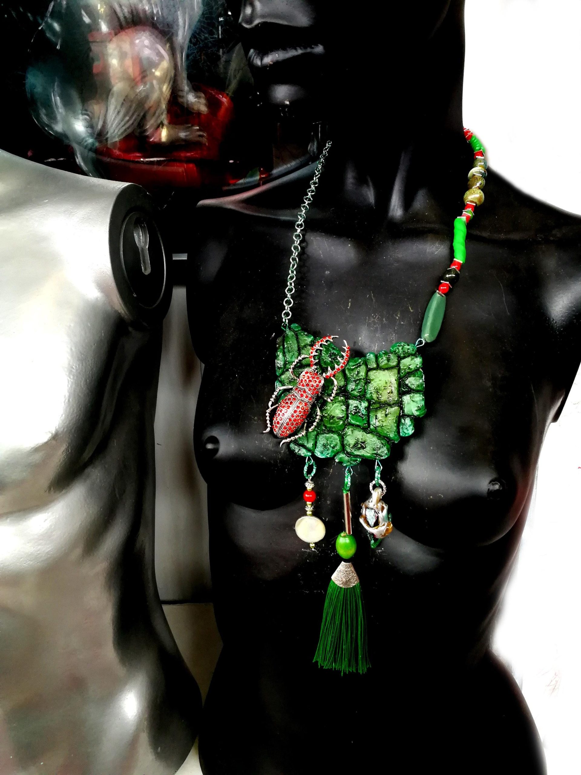 Scarab Beetle Pendant, Insect Necklace Forest, Maximalist Luxury Statement Jewelry Bib Tassel Charm Stone
