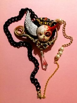 Angel and Demon Pendant, Vintage Doll Necklace, Devil Horn Jewelry, Winged Cherub Beaded Charm