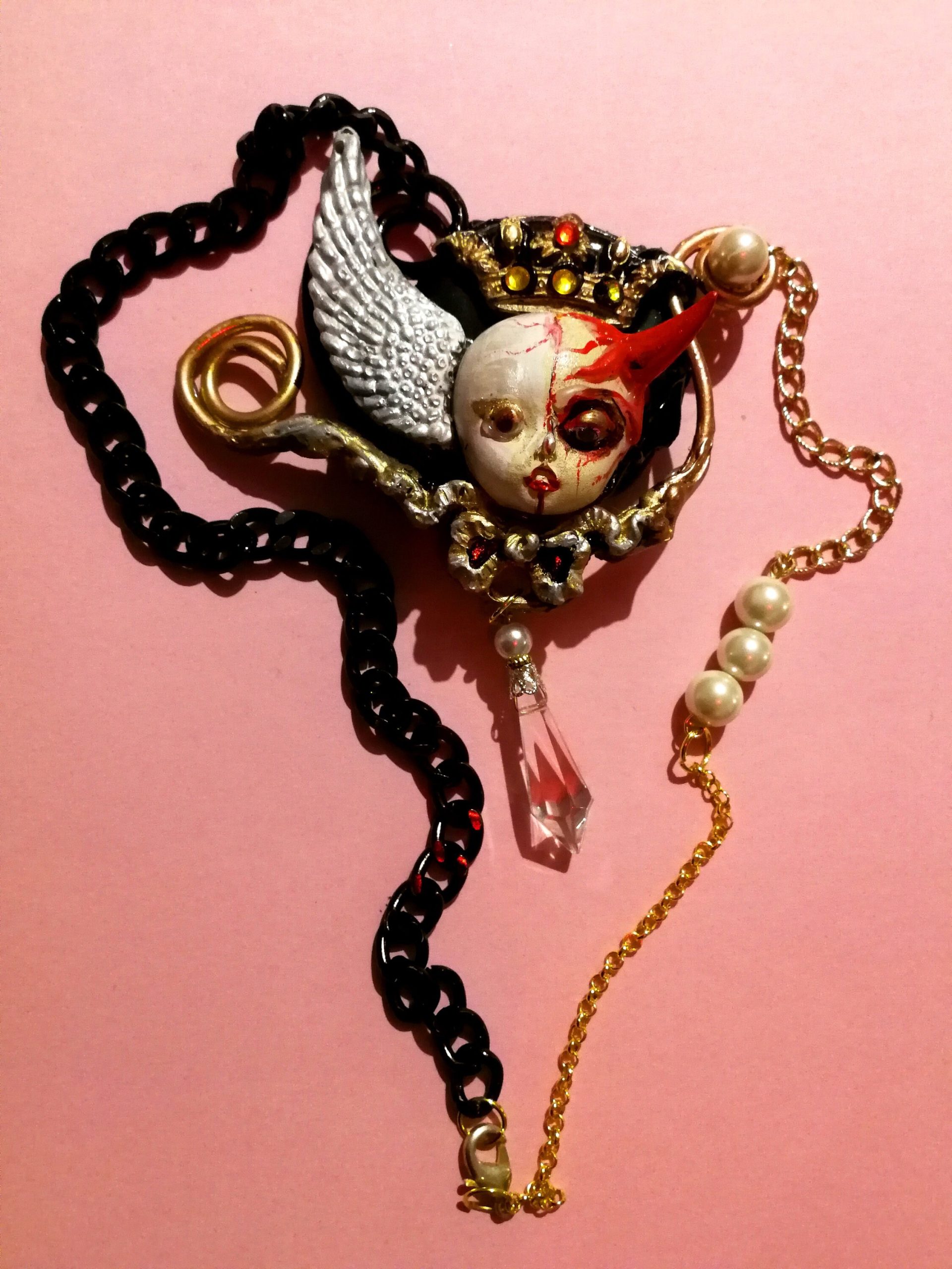 Angel and Demon Pendant, Vintage Doll Necklace, Devil Horn Jewelry, Winged Cherub Beaded Charm