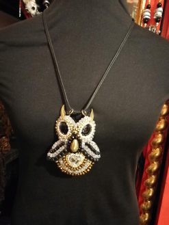 Owl Pendant, Statement Jewelry Nocturnal Bird Gothic Necklace, Embroidered Pendant Beaded Pearl Crystal Charm