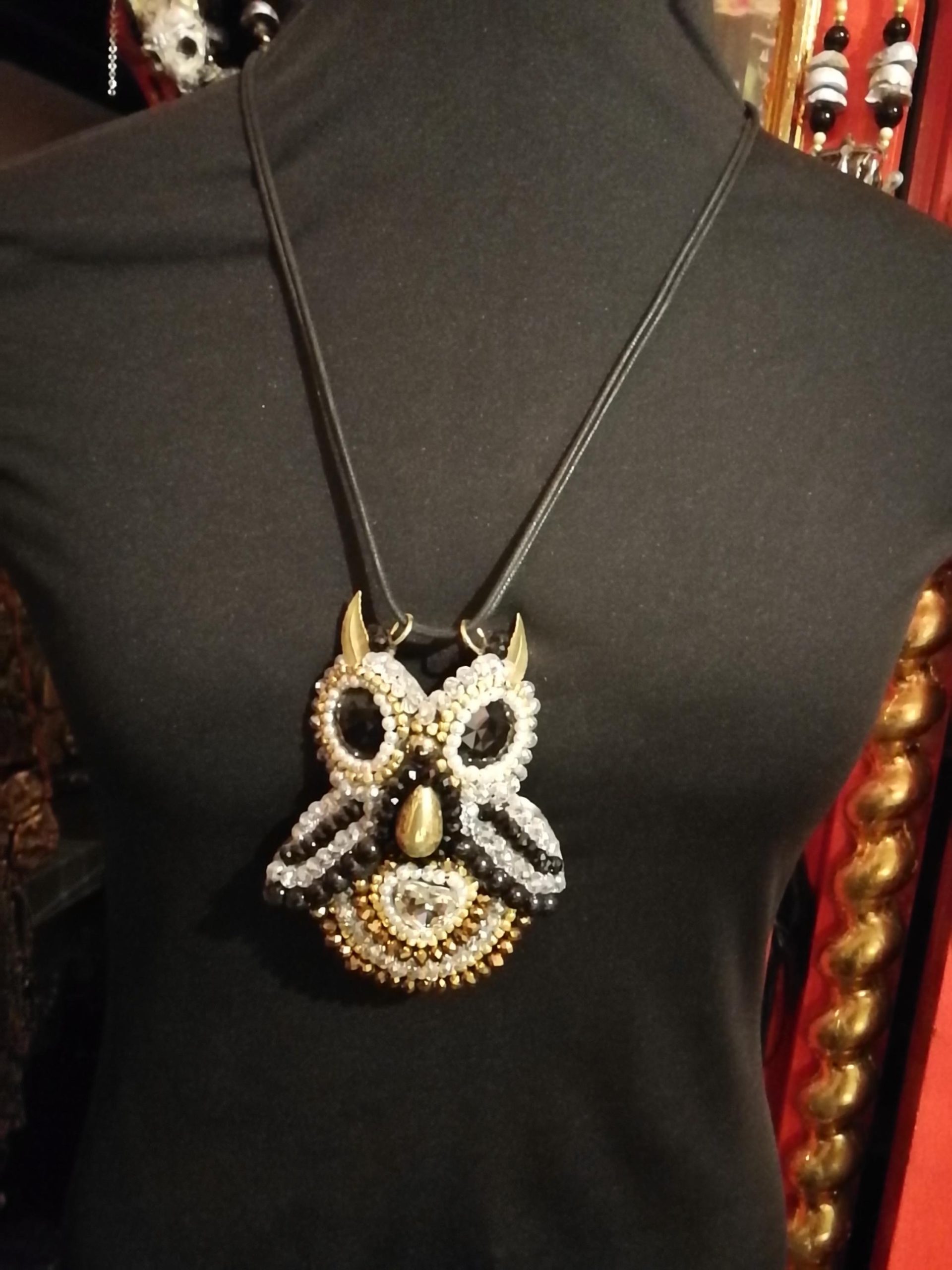 Owl Pendant, Statement Jewelry Nocturnal Bird Gothic Necklace, Embroidered Pendant Beaded Pearl Crystal Charm