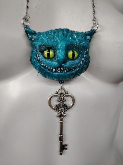 Cheshire Cat, Alice in Wonderland Sculpture Jewelry Necklace, Key Padlock Pendant Charm Fairy Tale