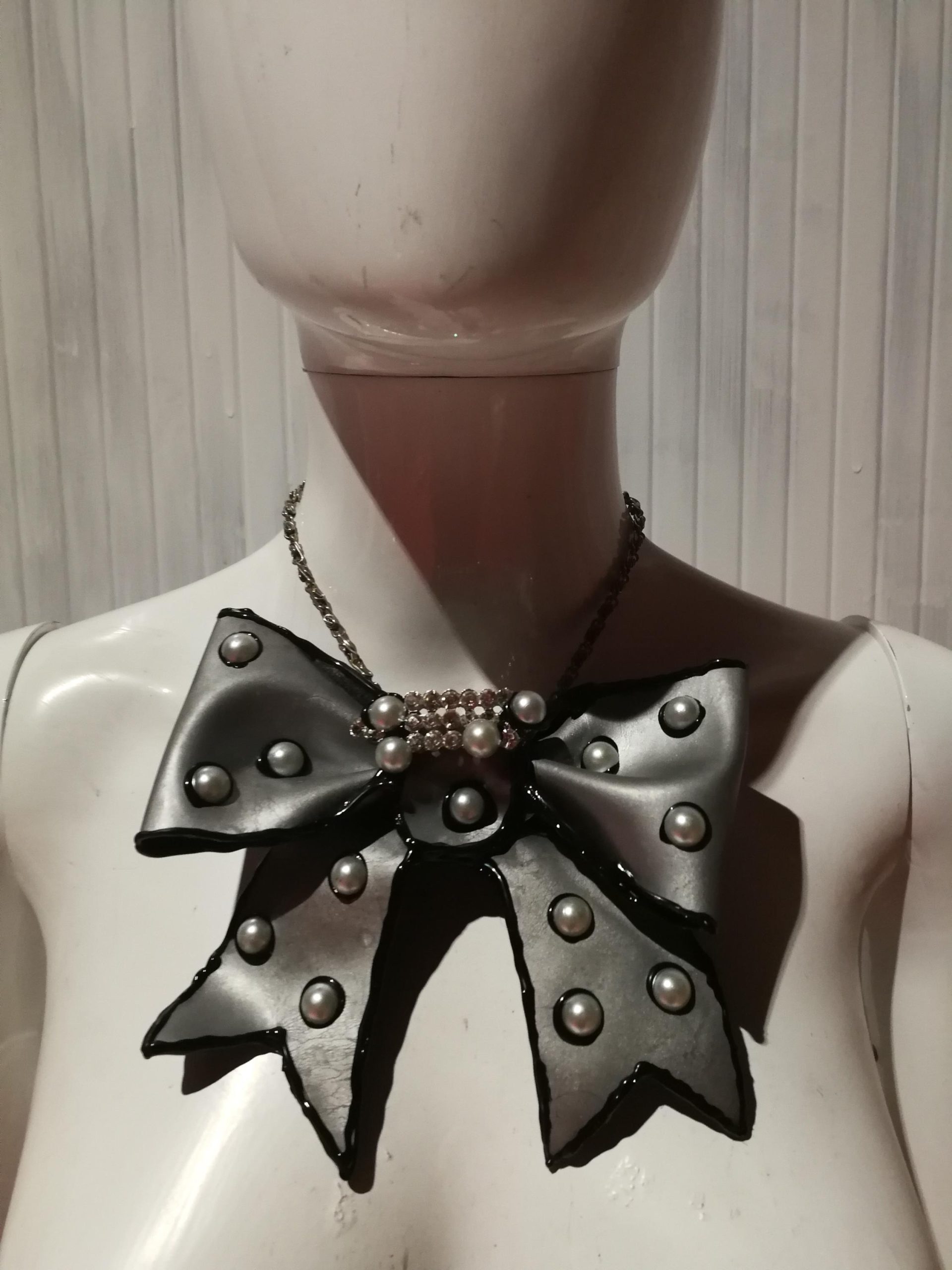 Big Bow Silver Pendant Necklace, Pearl Choker, Handmade Italian Couture