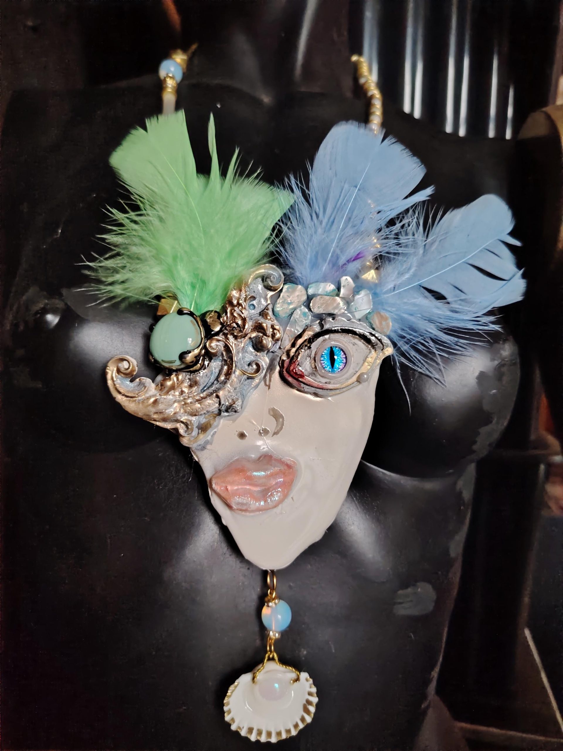 Lady Face Necklace, Belle Epoque Charleston Gasby Pendant Chunky Portrait, Amazzonite & Shell Jewelry Charm