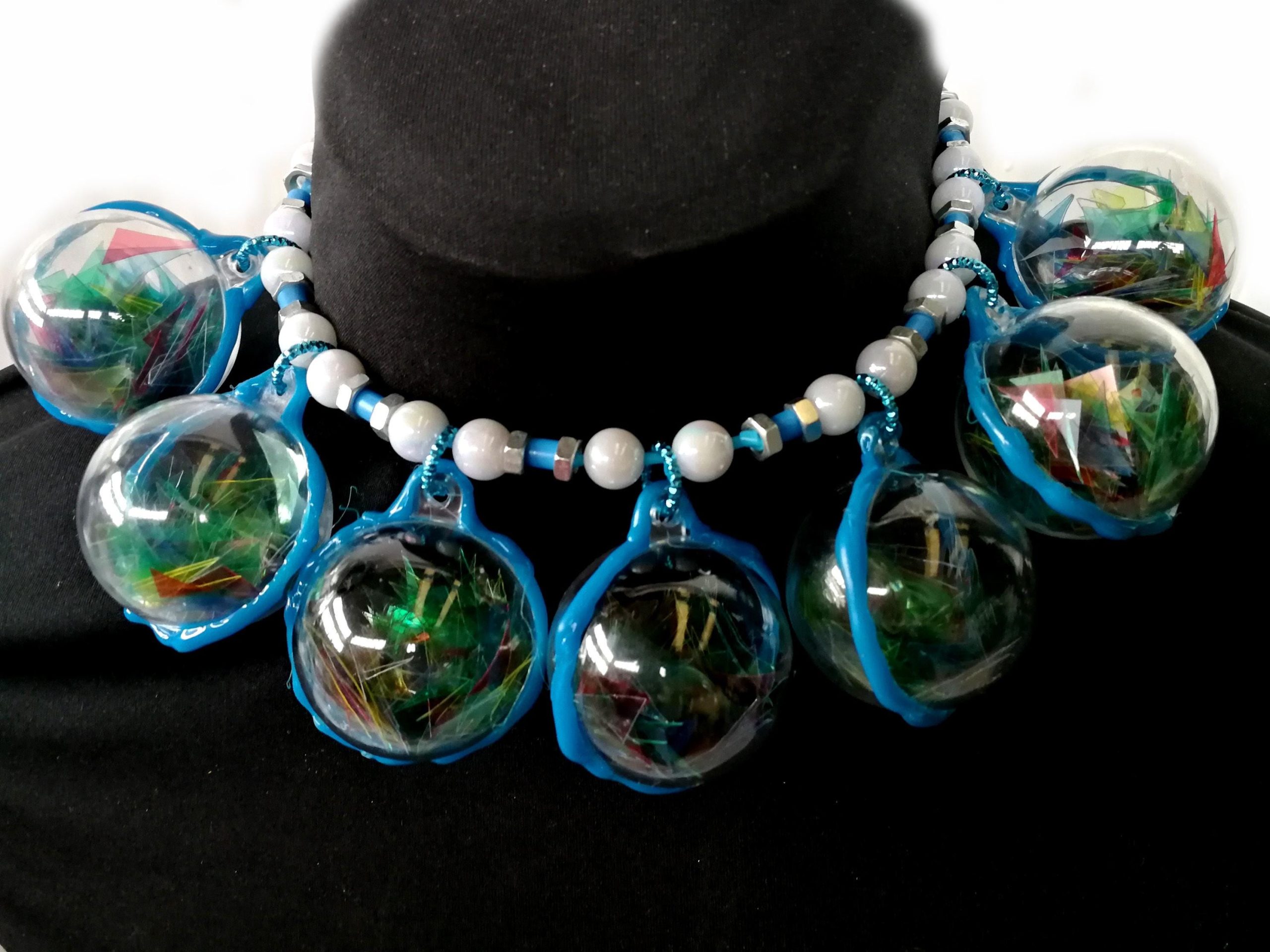 Futuristic Necklace Transparent Ball Jewelry, Avangarde Beaded Necklet Charm, Italian Design Choker Collar Caleidoscope