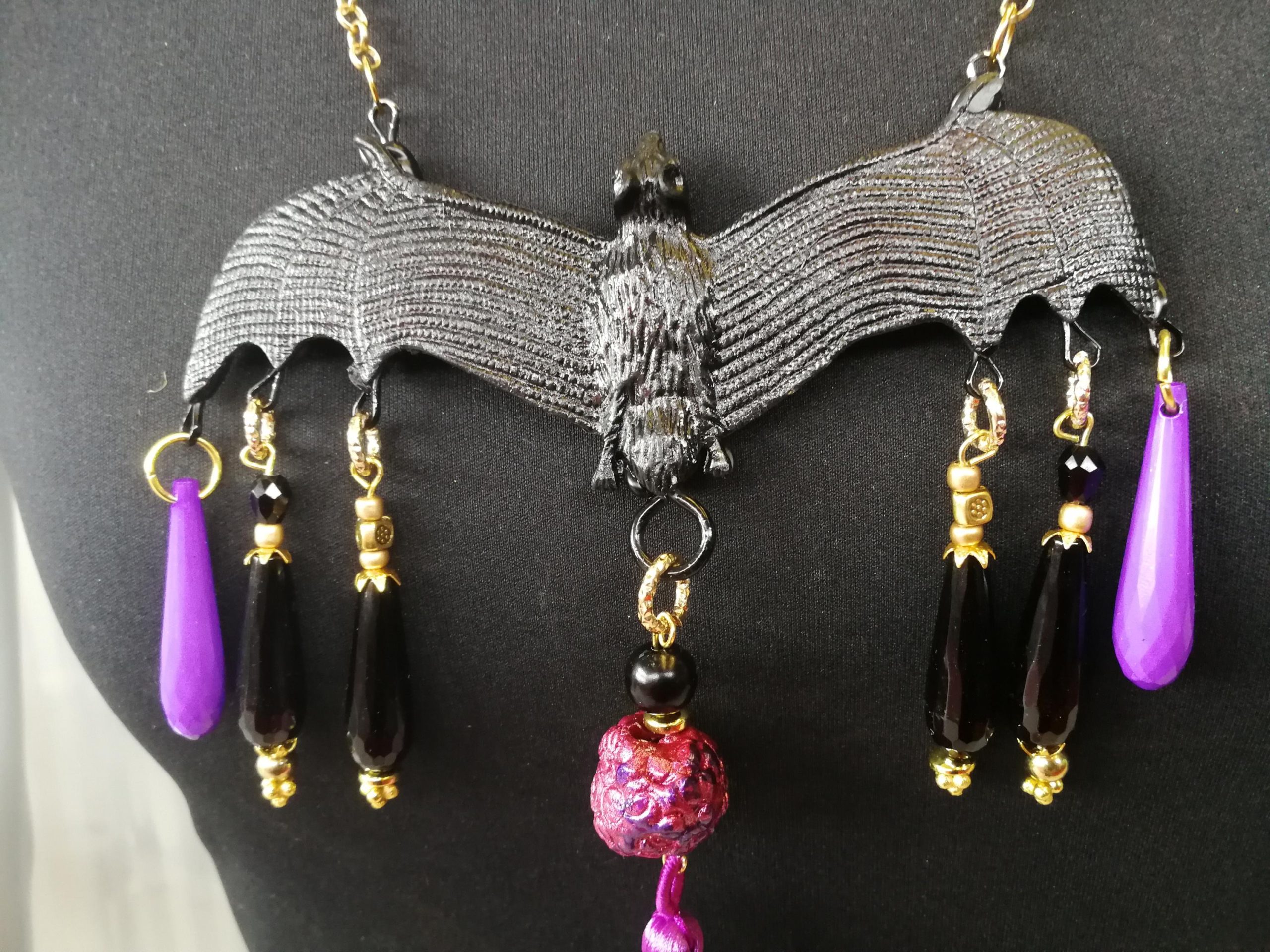 Bat Vampire Jewelry Dark Necklace, Beaded Tassel Pendant Chain, Gothic Punk Rock Jewel Charm