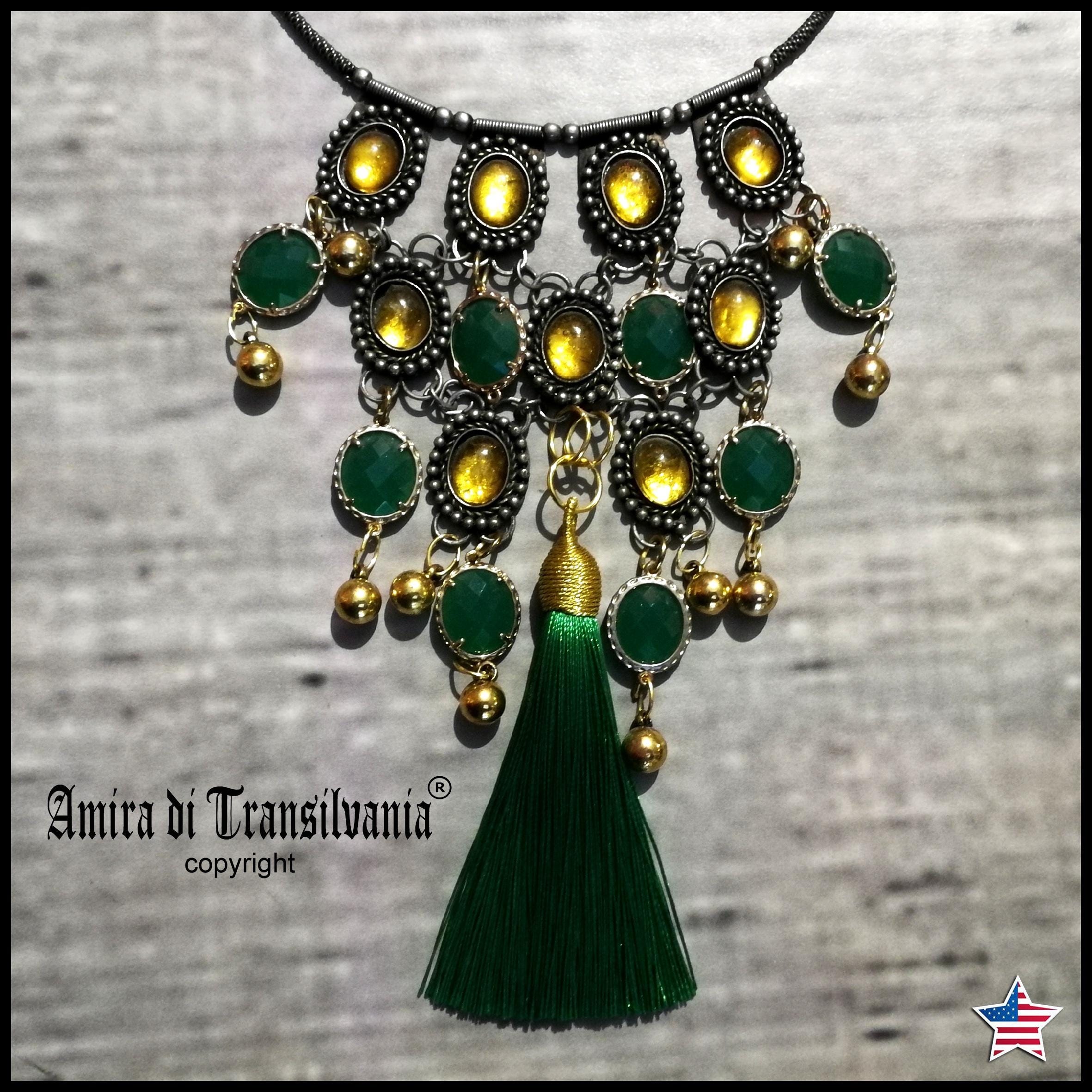 Kelly Green Necklace Crystal Bib Emerald Green Statement Layered Collar Jewelry Luxury Tassel Choker