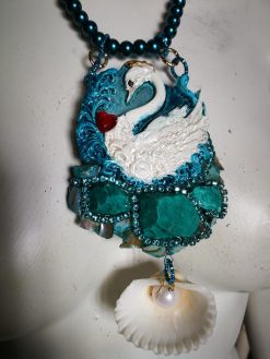 Swan Necklace, Statement Charm Pendant, Seashell Fine Jewelry Sculpture Luxury Turquoise Pearl & Raw Stone