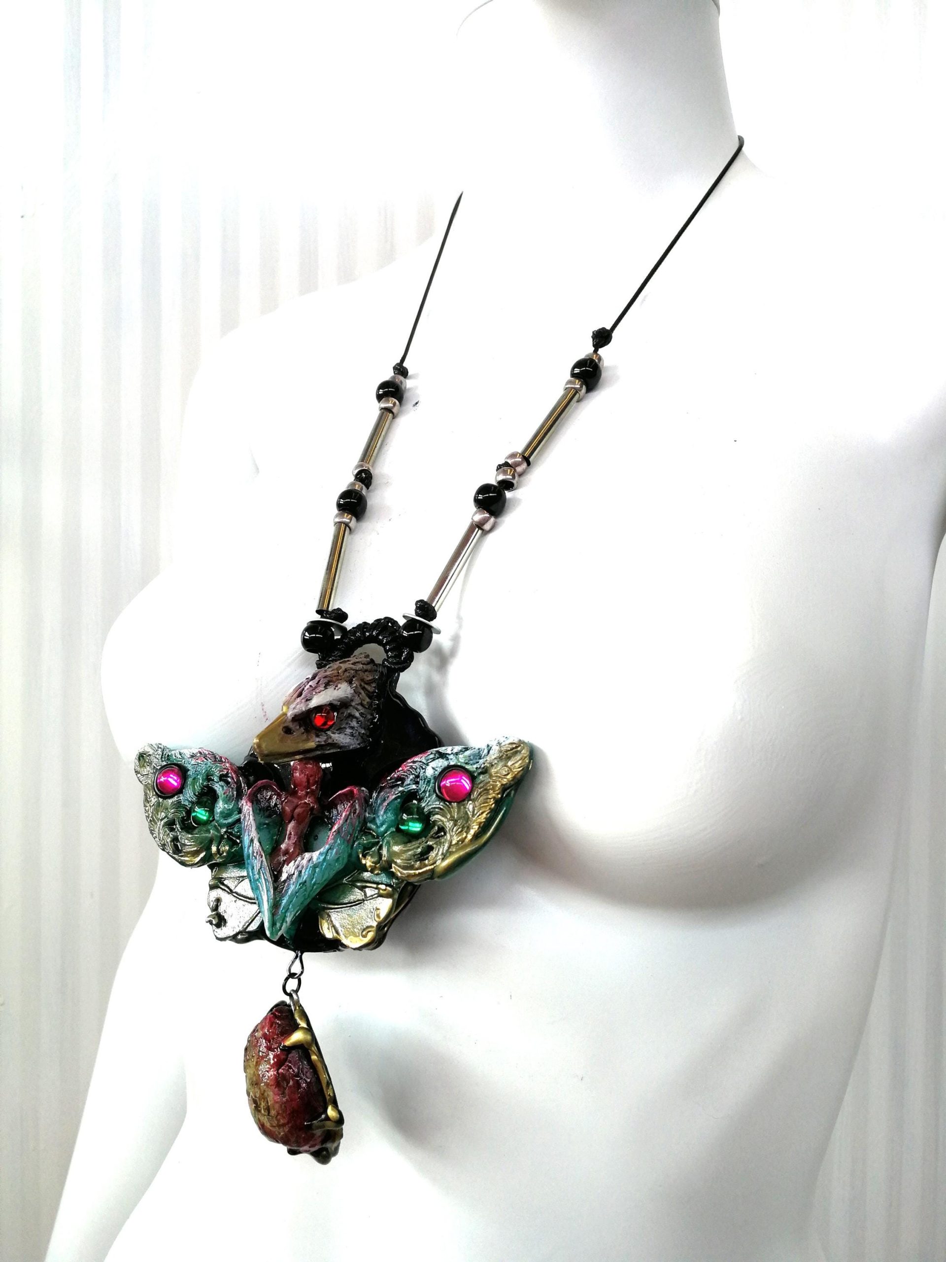 Eagle Bird Necklace, Lunar Moth Butterfly Pendant Silhouette Liberty Jewelry, Amulet Coccon Charm Crystal