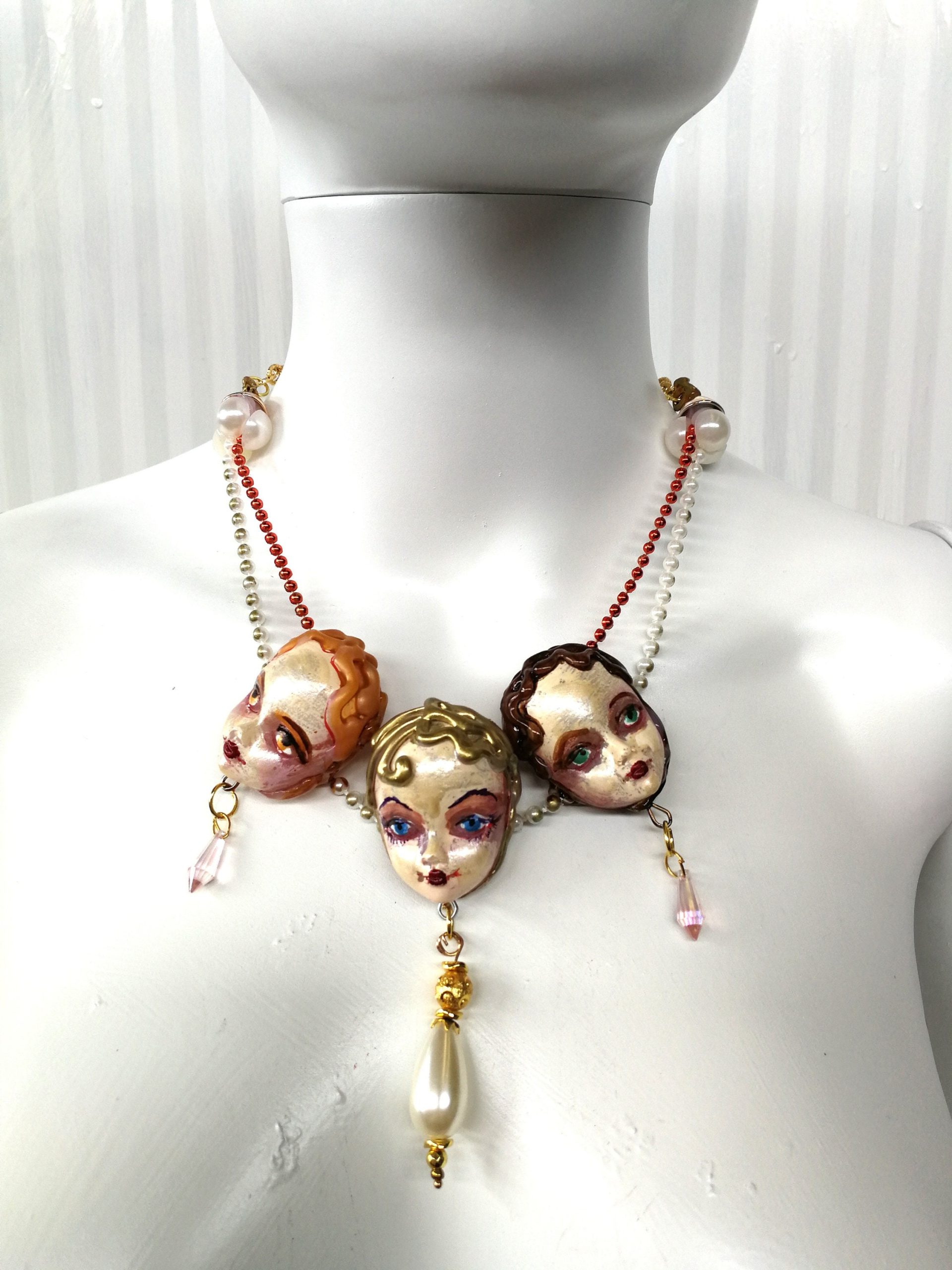 Belle Epoque 1900 Doll Head Jewelry, Art Deco Statement Sculptural Collar Charm Vintage Charleston