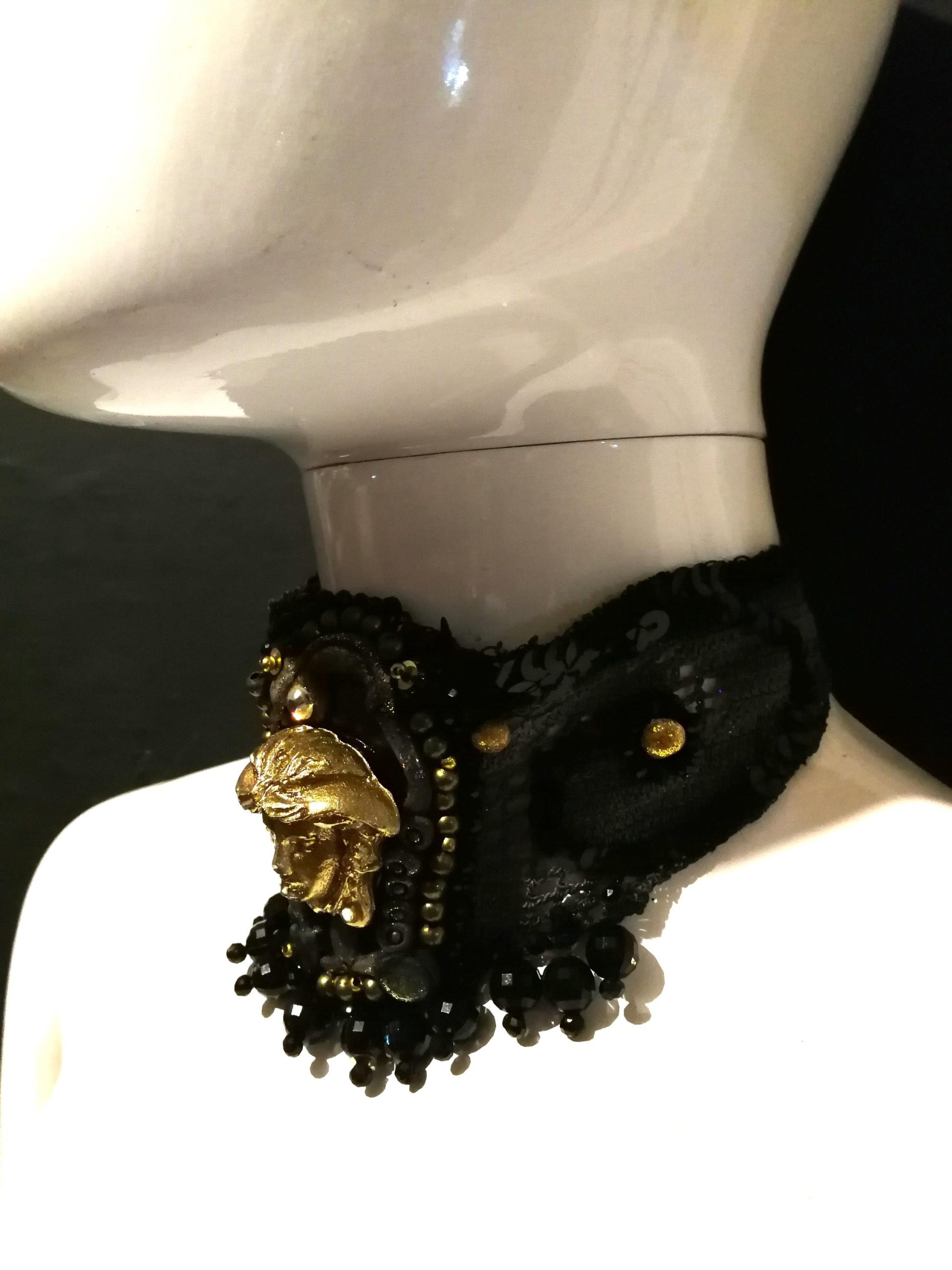 Dark Gothic Choker, Embroidered Macrame Lace Jewelry, Medusa Medallion Necklace Dramatic & Statement Collar
