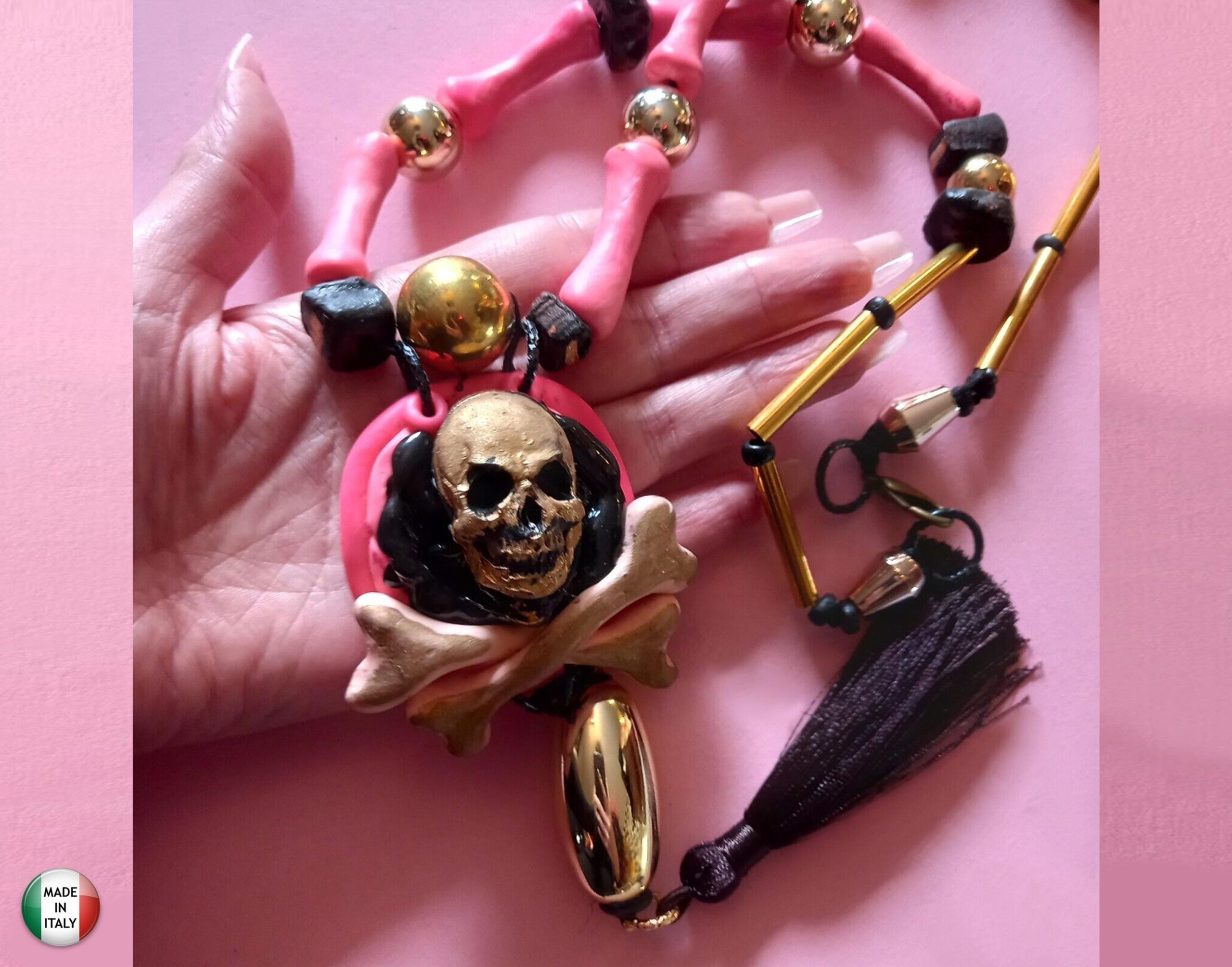 Mexican Necklace, Ethnic Glamour Whimsical Skull & Bones Pendant, Boho Quirky Oddities Jewelry Charm