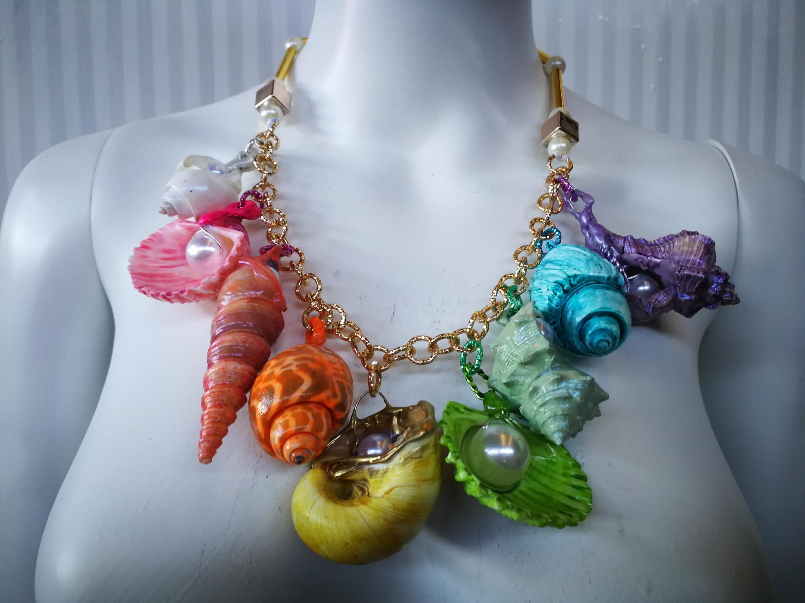 Puka Shell Necklace, Maximalist Design Handmade Painted Natural Seashell Conch Jewelry Rainbow Abalone Multicolored