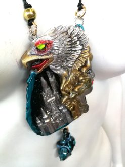 Silver Eagle Pendant, Statement Necklace Vulture Wild Bird Jewelry, Viking Castel Raw Stone Charm