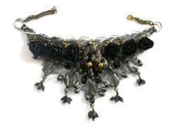 Marie Antoniette Choker, Embroidered Macrame Lace Jewelry, Locket Medallion Statement Necklace Collar Black Roses