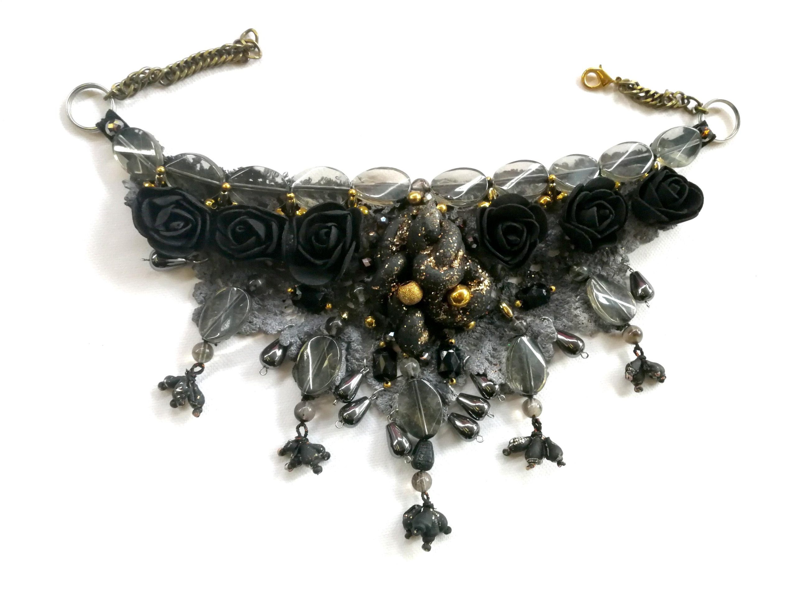 Marie Antoniette Choker, Embroidered Macrame Lace Jewelry, Locket Medallion Statement Necklace Collar Black Roses