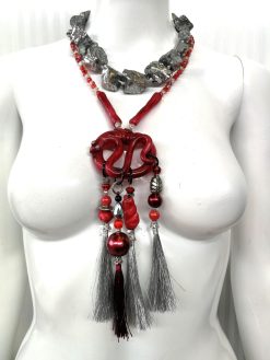 Brutalist Necklace, Chunky Snake Sculptural Pendant, Serpent Statement Jewelry Stone Beaded Chain Pyrite Gemstone