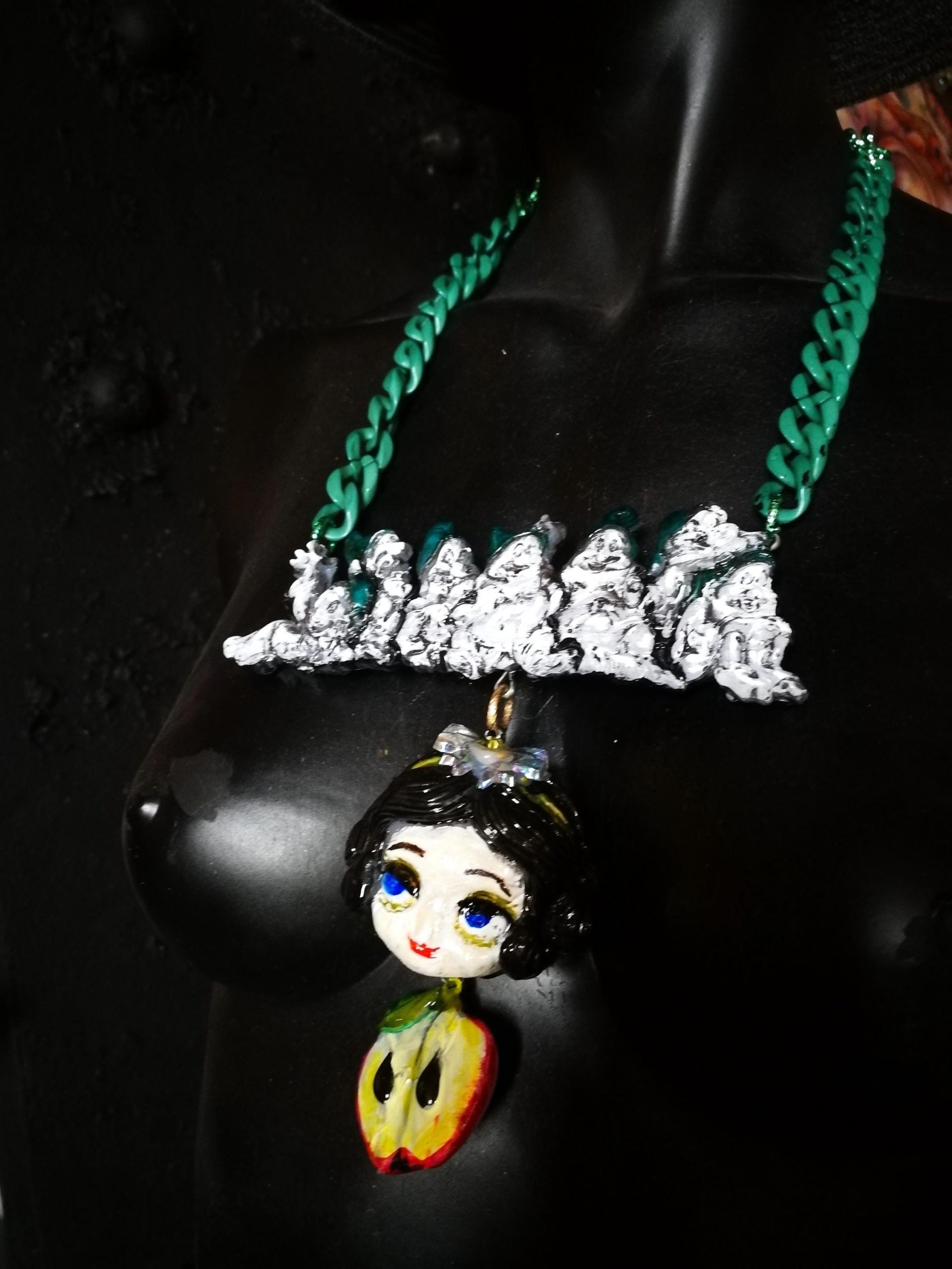 Whimsical Jewelry, Snow White & the Seven Dwarfs Necklace Manga Doll Fantasy Pendant Cartoonish Apple Charm