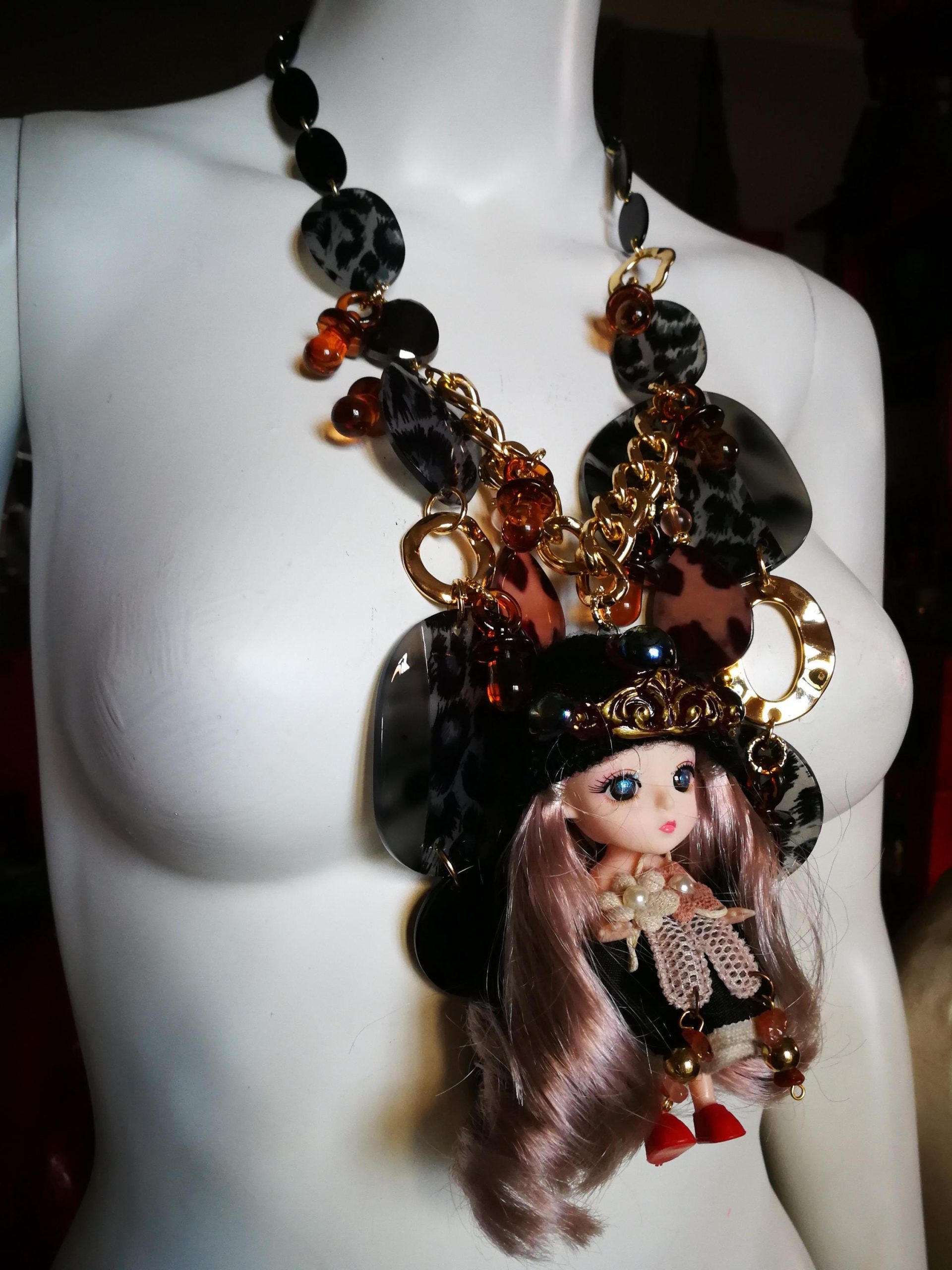 Tribe Designs, Extravagant Wild Life Doll Pendant, Designer Jewelry Chunky Necklace Charm, Folk Collar