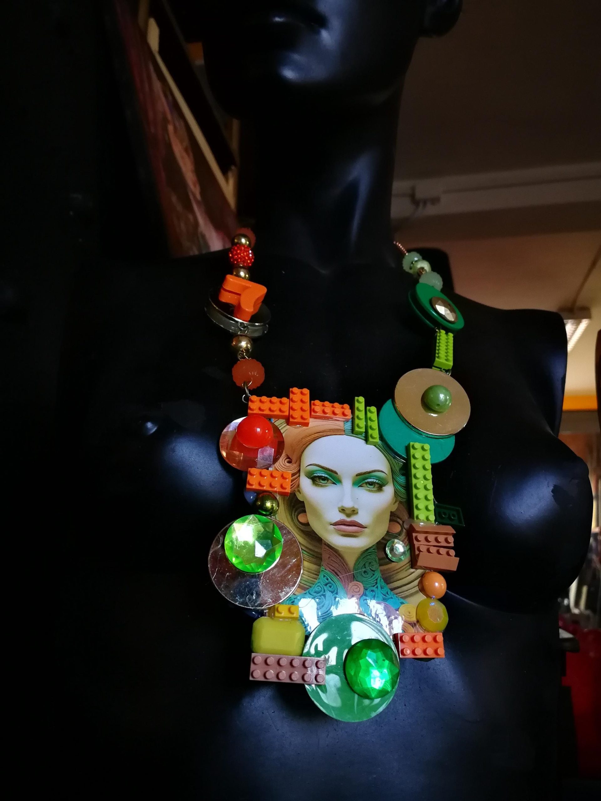 Futuristic Jewelry 1960 1970 Design Necklace, OOAK Modernist Beaded Pop Art, Disco Fashion Style Multicolored Pendant