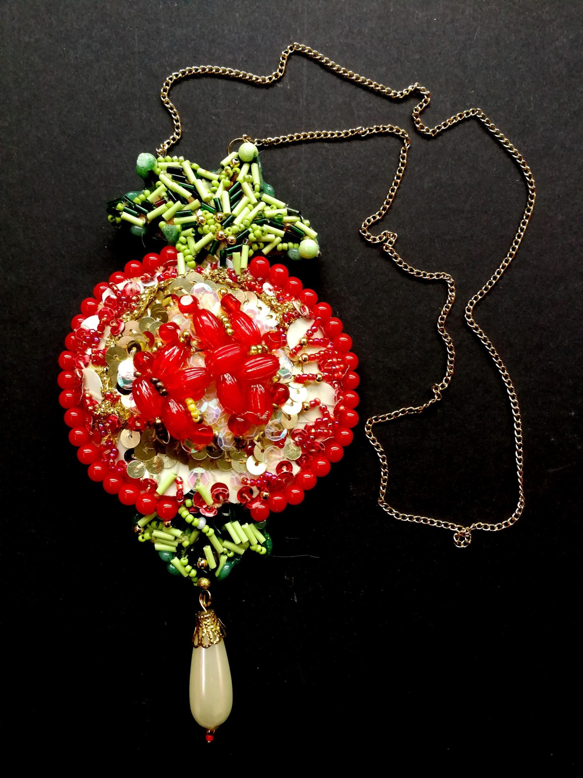 Passion Fruit Necklace, Hand Embroidered Jewelry, Luxury Pendant Pearl Charm, Chain Amulet Collar Jewelry