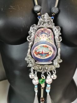 Matryoshka Dolls, Sculpture Statement Jewelry, Big Bold Chunky Necklace Traditional Folk Pendant Russian Folkloric