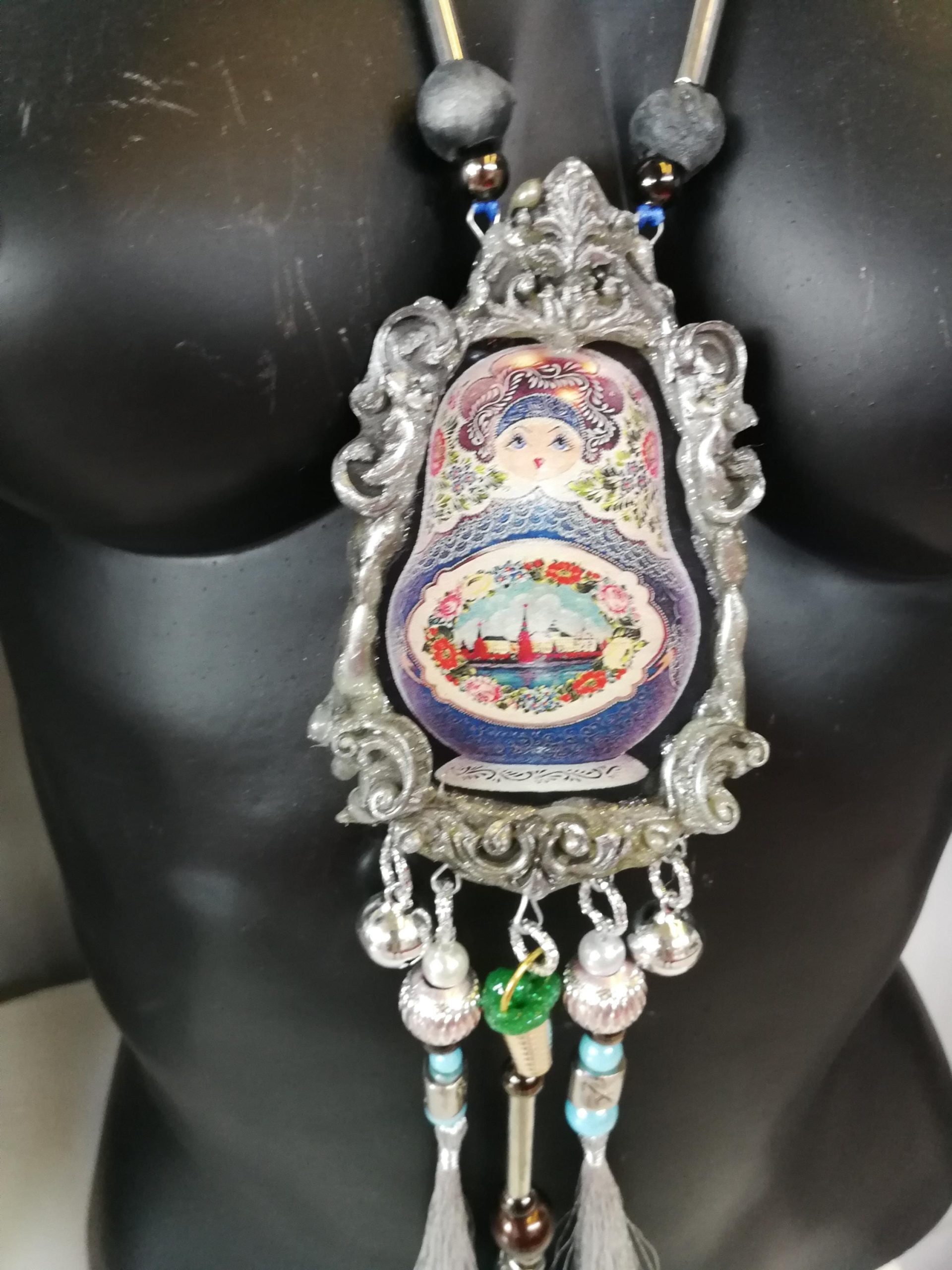 Matryoshka Dolls, Sculpture Statement Jewelry, Big Bold Chunky Necklace Traditional Folk Pendant Russian Folkloric