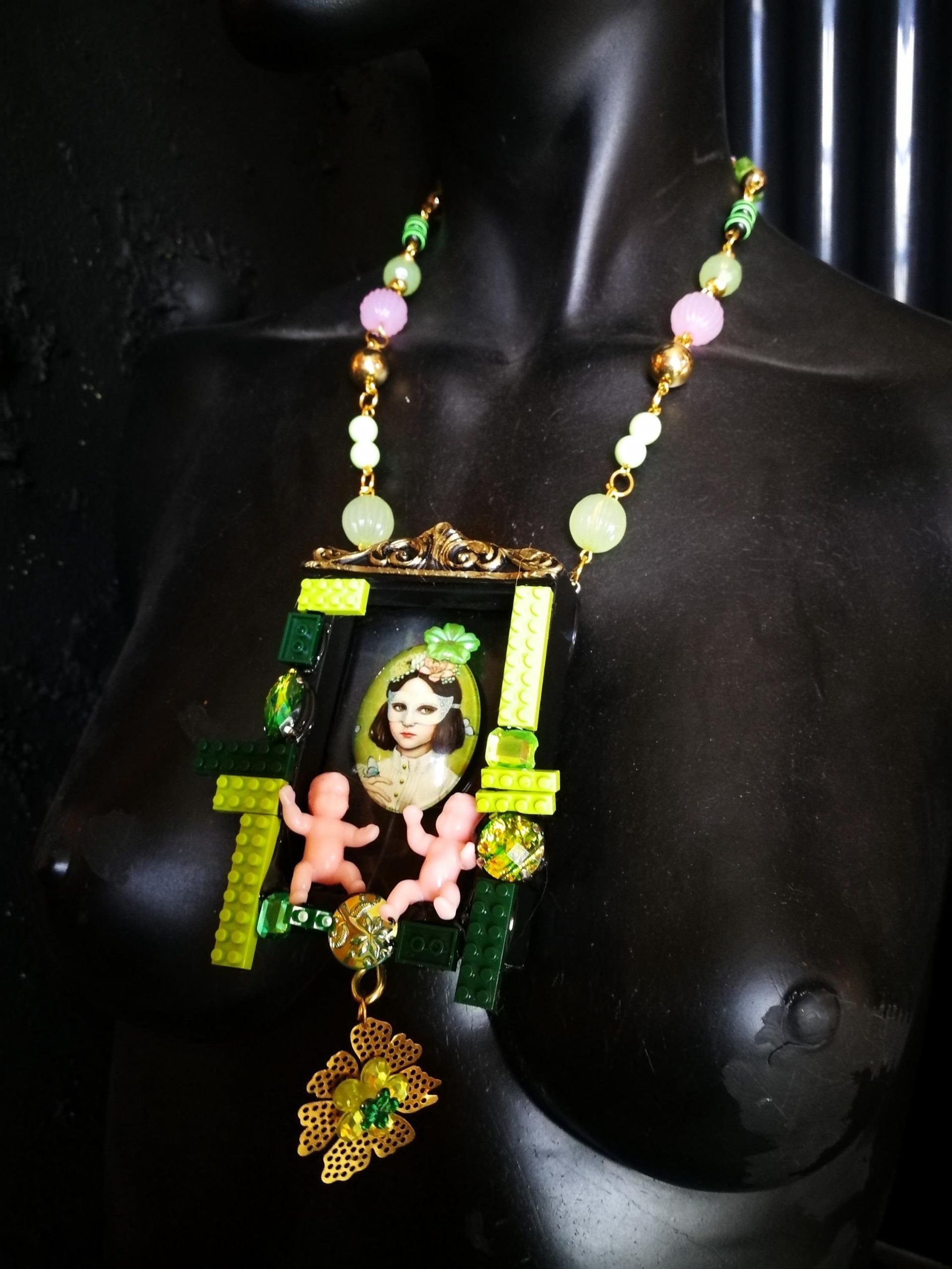 Assemblage Necklace, Vintage Portrait Pendant, Cameo Crystal Beads, Artist Doll Charm Statement Jewelry