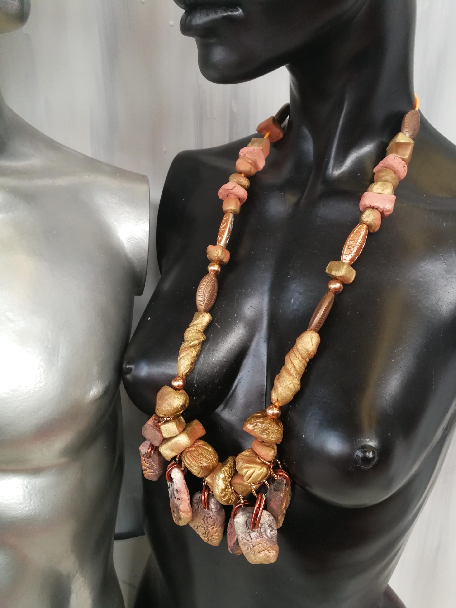 Beaded Necklaces, Boho Jewelry Earth Tone Bib, Chunky Handmade Stone Jewelry, Brutalist Pendant Charm