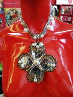 Four Leaf Clover Necklace, Silver Cross Mirror Choker, Jewelry Crystals Victorian Gothic Vintage Strass