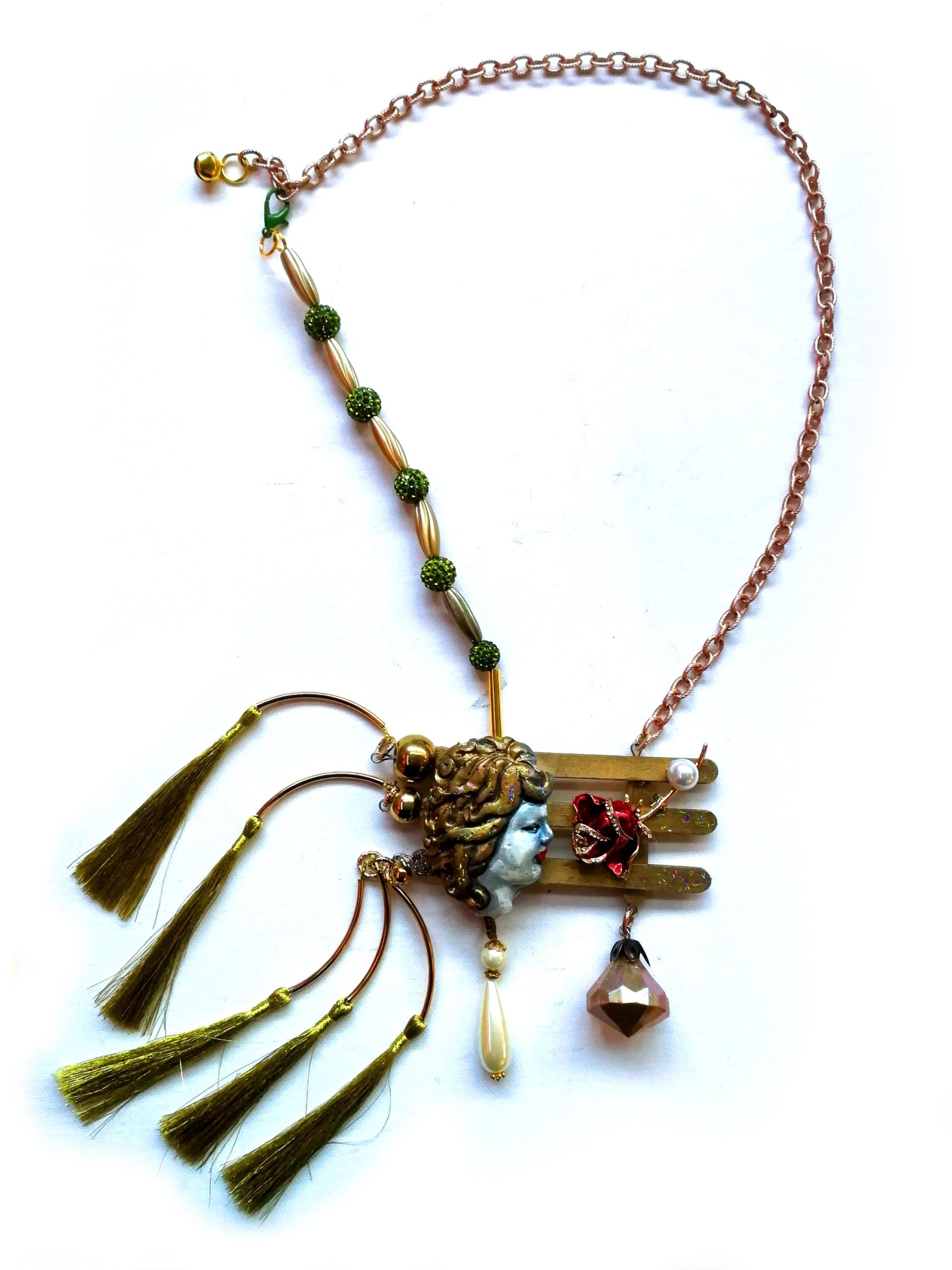 Belle Epoque Jewelry, Statement Doll Head Sculpture Pendant Charleston, Golden Age Liberty Flower Charm