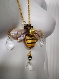 Queen Bee Jewelry, Gold Bumble Honey Pendant, Sculptural Insect Necklace Charm Drop Bead Crystals