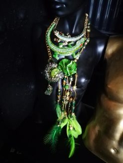 Metallic Emerald & Feathers Layers Statement Pendant, Avant Garde Sculpted Oversized Big Bold Chunky Necklaces