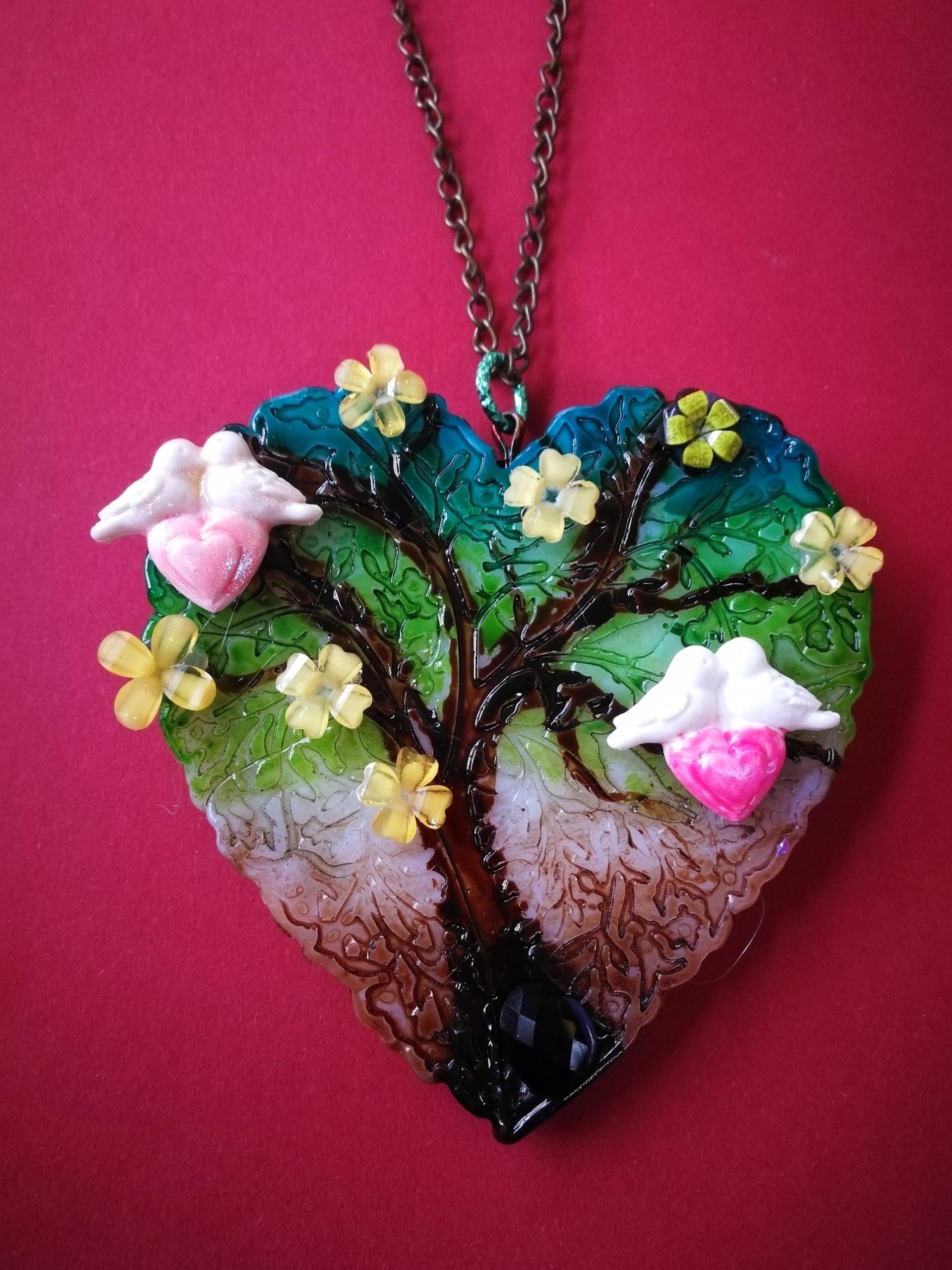 Tree of Life Necklace, Belle Epoque Jewelry, Art Nouveau Heart Sculpture Pendant Love Bird Yggdrasil