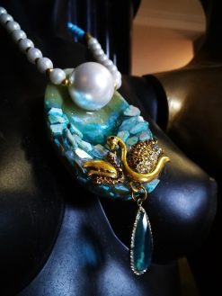Swan Lake Rhinestone Choker Necklace, Statement Jewelry Mother of Pearl & Onyx Stone Charm Pendant