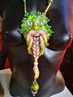 Designer Jewelry, Chunky Beaded Pendant Forest Spirit Guide, Wizard Little People, Locket Necklace Charm
