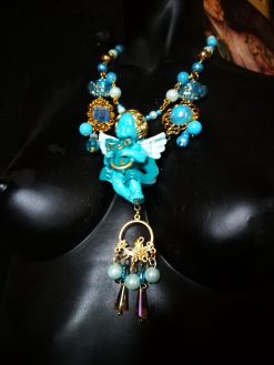 Baroque Jewelry, Guardian Angel Winged Archangel Pendant, Rococo Necklace Turquoise Jewellery, Celestial Charm Cherubim