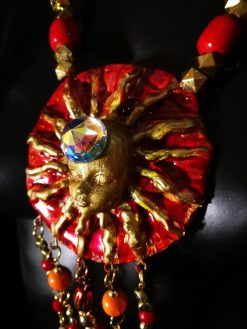 Red & Gold Sun Face Pendant Necklace, Beaded Dangles OOAK Wearable Art Statement Bold Jewelry