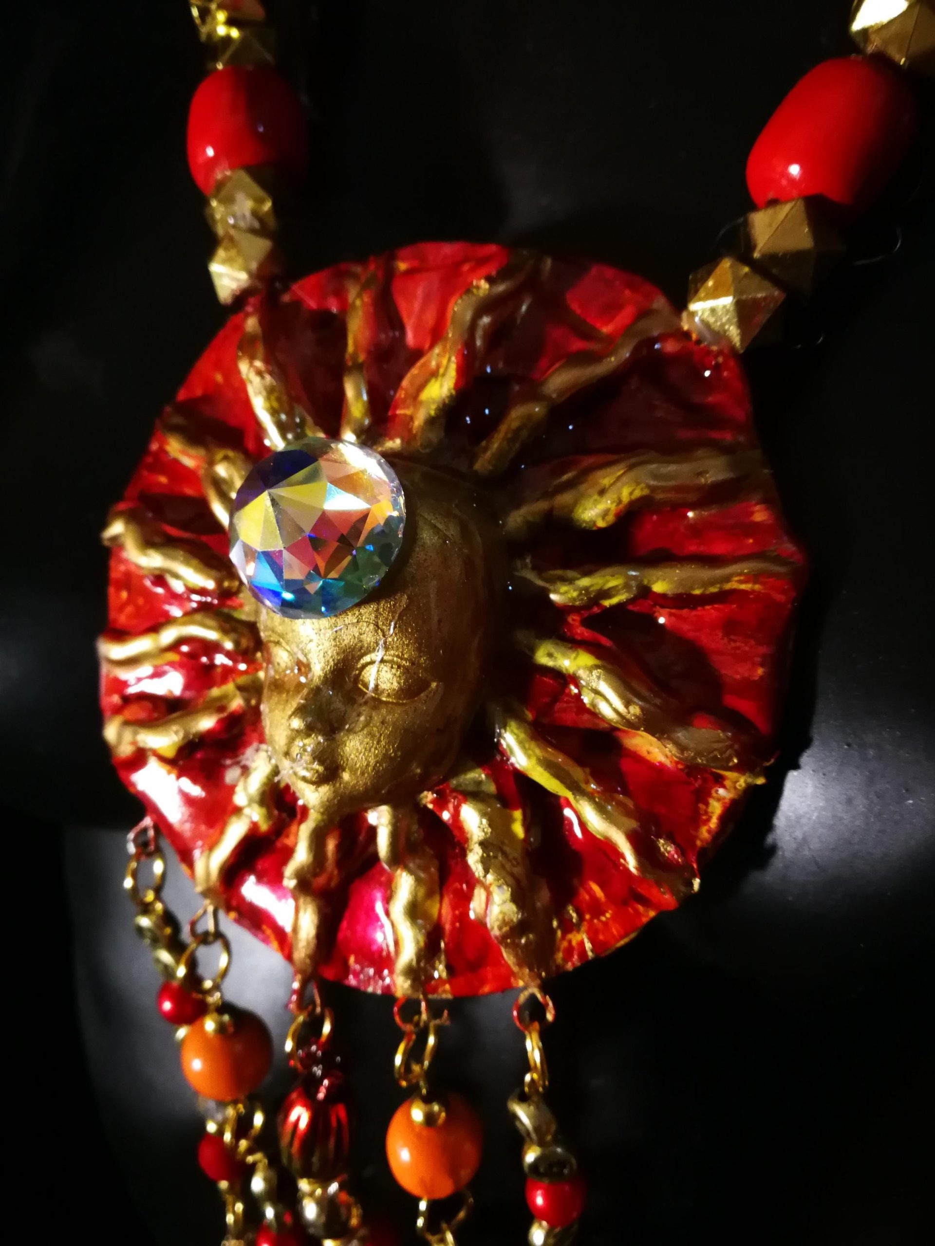 Red & Gold Sun Face Pendant Necklace, Beaded Dangles OOAK Wearable Art Statement Bold Jewelry