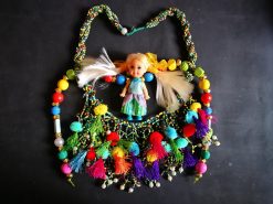 Designer Jewelry, Chunky Necklace Charm Pendant, Extravagant Boho Doll Folk Collar Bib Folkloric Assemblage
