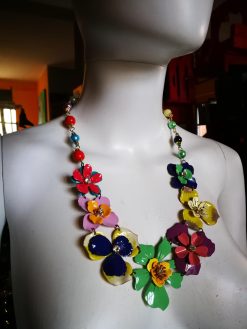 Vintage Jewel Metallic Flower Design, Bakelite & Celluloid Assemblage Statement Necklace, Woman Chunky Jewelry Bib