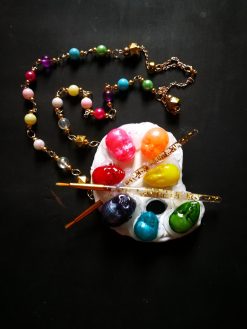 Artist Palette Jewelry, Painter Sculpture Pendant Rainbow Beaded, Doll Head Face Chunky Statement Necklace