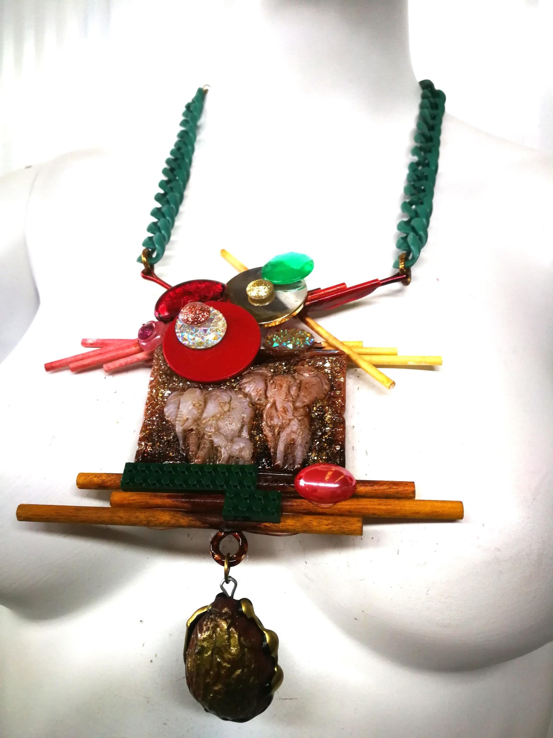 Sculpture Jewelry, Vintage Bakelite and Celluloid Assemblage Necklace, Elephant Abstract Design Chunky Jewel Chain